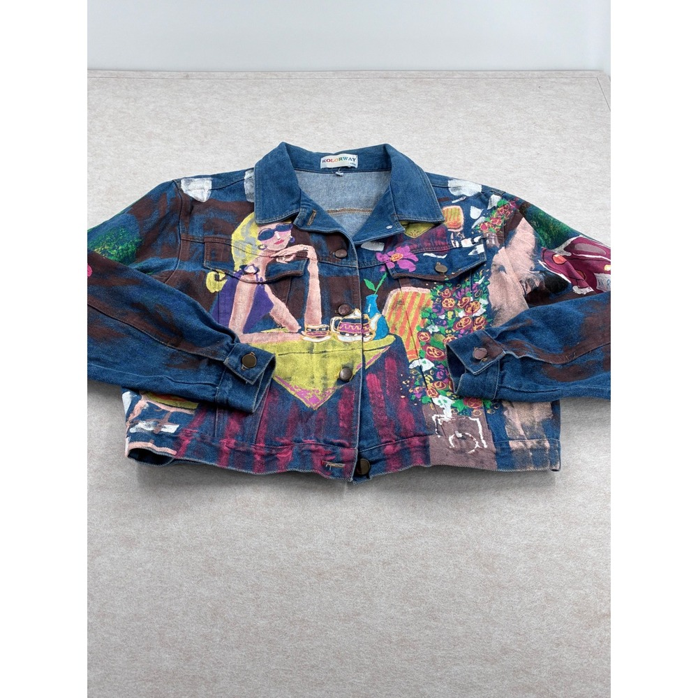 Vintage Kolorway Hand Painted Style Graphic Denim Jacket Cafe Scene Blue Multi